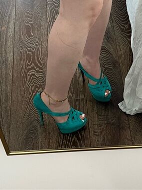 Christian Louboutin Teal Suede Peep-Toe High Heels